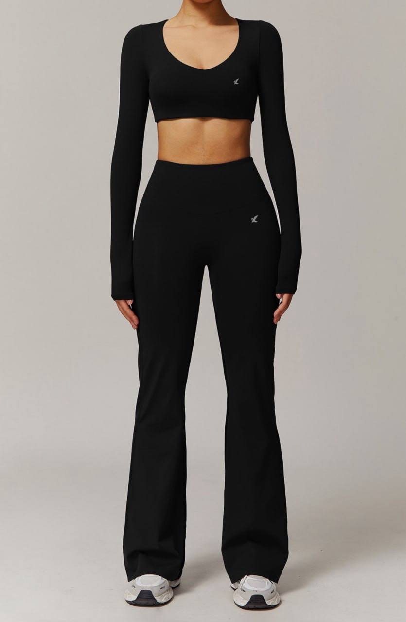 2-Piece Active Set: Long-Sleeve Crop Top + Flare Leggings