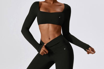 2-Piece Active Set: Long-Sleeve Crop Top + Flare Leggings