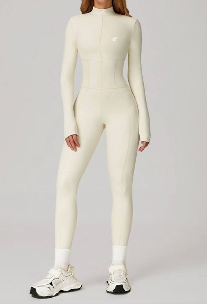 long-sleeve, zip-front activewear jumpsuit or unitard-beige