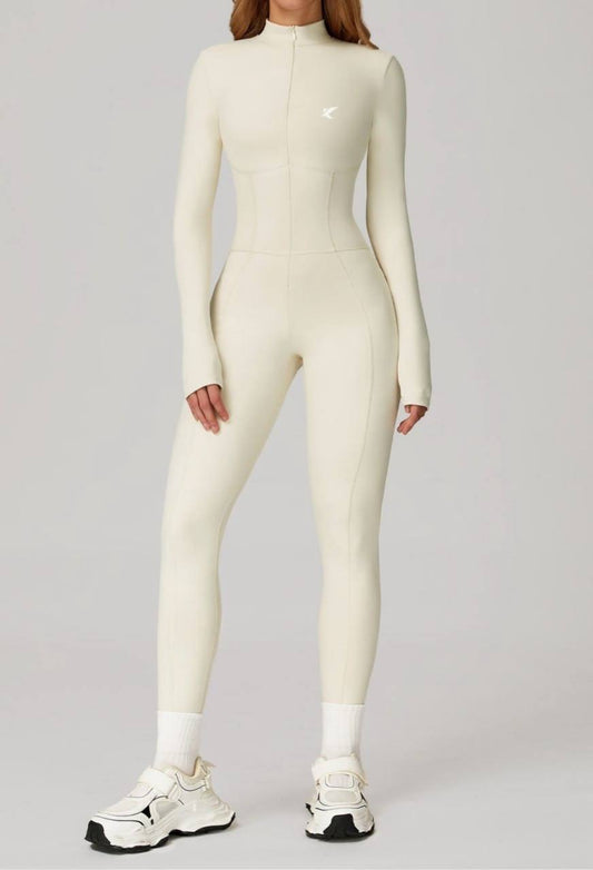 long-sleeve, zip-front activewear jumpsuit or unitard-beige