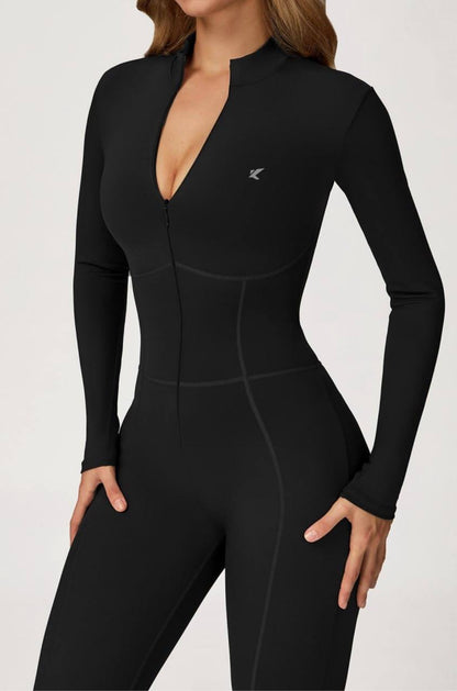 black long-sleeve, zip-front activewear jumpsuit or unitard