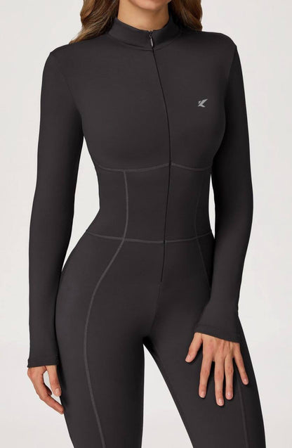 long-sleeve, zip-front activewear jumpsuit or unitard