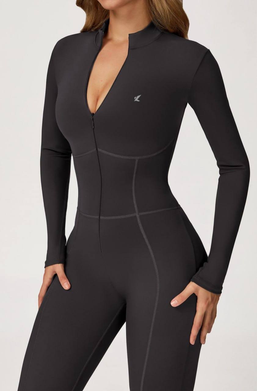 long-sleeve, zip-front activewear jumpsuit or unitard